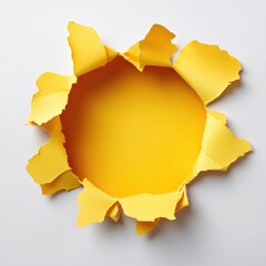 A circular hole torn in bright yellow paper on a white background, creating a vibrant frame.
