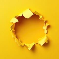 A circular hole torn in bright yellow textured paper, revealing a matching background.
