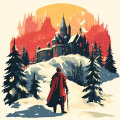 A lone knight in a red cape approaches a snow-covered castle amidst a winter landscape.