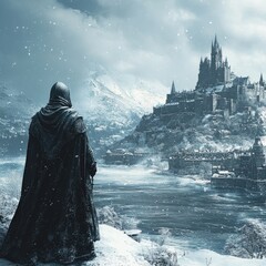 old castle in the snow and man looking at it