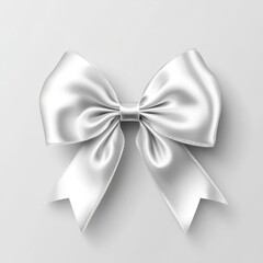 A large, elegant silver satin ribbon bow, tied perfectly, against a light gray background.