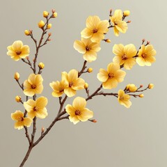 Elegant branch with delicate yellow flowers, blossoms and buds against a muted background.