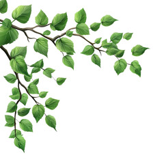 A branch with vibrant green leaves, artistically illustrated against a black background.