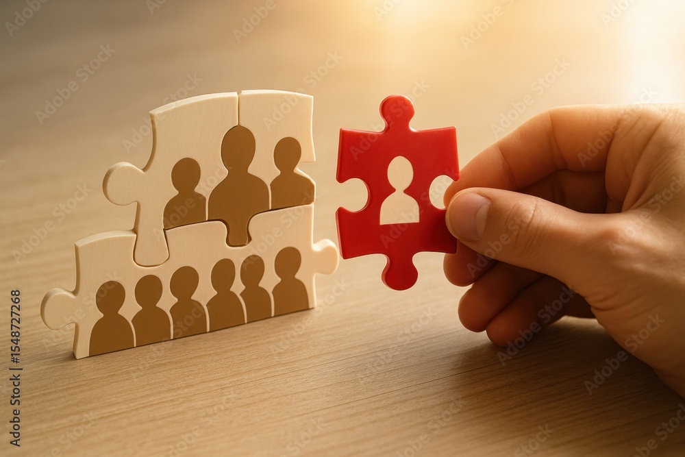 Poster hands holding red puzzle piece to complete team building image with wooden figures representing peop