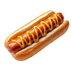 A delicious hot dog in a soft bun, topped with a generous squiggle of bright yellow mustard.