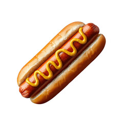 A delicious hot dog in a soft bun, topped with a squiggle of yellow mustard.