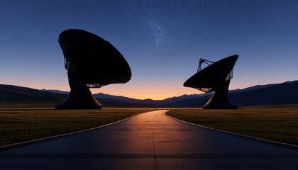 Two radio telescopes at dawn