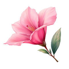 A delicate pink hibiscus flower with vibrant petals and green leaves, beautifully illustrated.