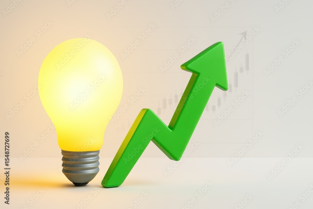 Poster bright light bulb symbolizing ideas with green arrow representing growth and progress in business wi