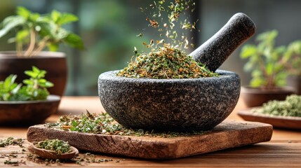Fresh herbs being ground in a mortar and pestle