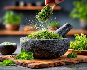 Fresh herbs falling into mortar
