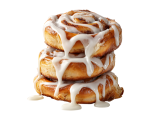 Stack of freshly baked cinnamon rolls with icing isolated on transparent background