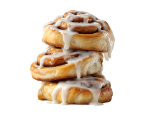 Stack of freshly baked cinnamon rolls with icing isolated on transparent background