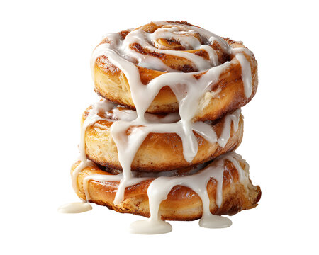 Stack of freshly baked cinnamon rolls with icing isolated on transparent background