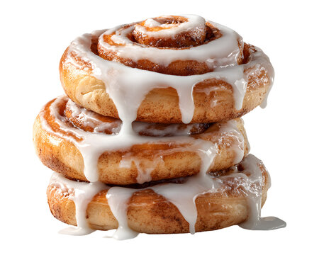 Stack of freshly baked cinnamon rolls with icing isolated on transparent background