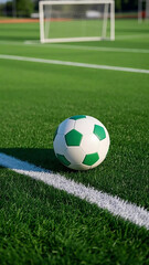 Fototapeta premium Realistic Close-Up of Soccer Ball on Fresh Green Field, No Players
