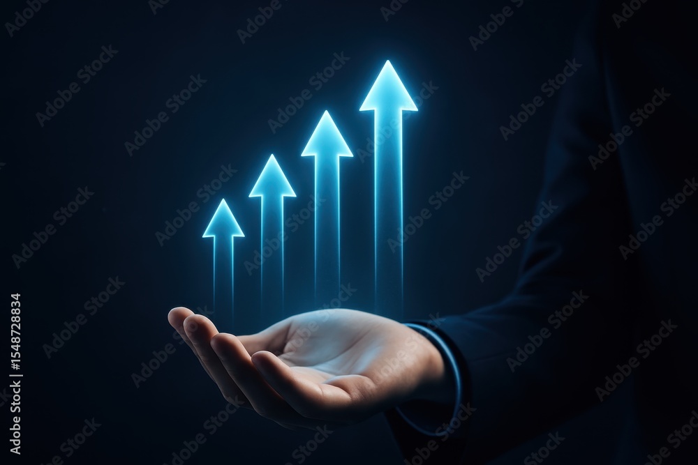 Poster hand reaching out with digital arrows signifying growth and progress in business and finance with a 