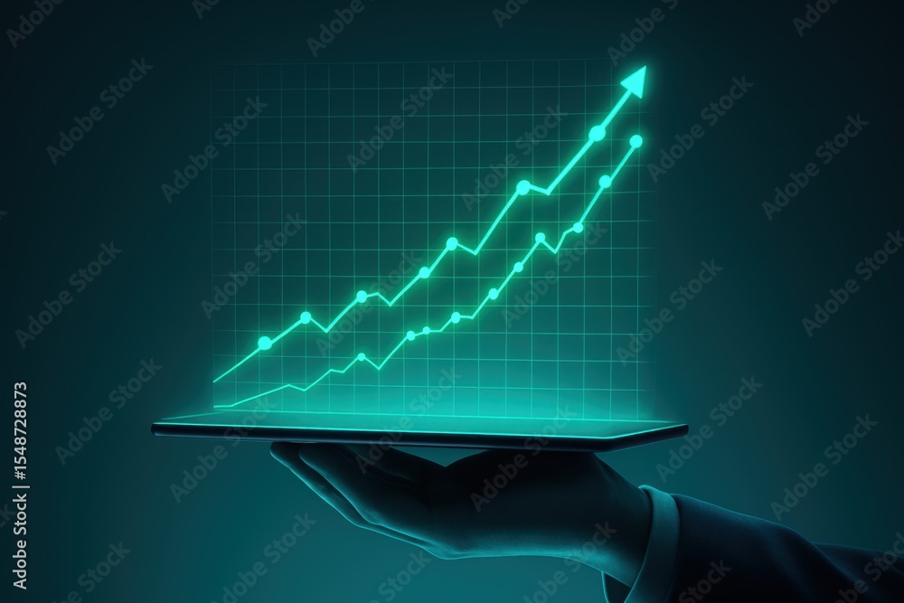 Poster futuristic digital graph on tablet display illustrating growing trends in business and finance with 