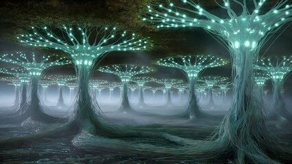 Neural network growth forest with organic synaptic tree structures expanding in digital soil