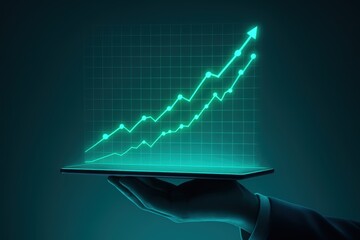 Futuristic Digital Graph on Tablet Display Illustrating Growing Trends in Business and Finance with Neon Effect and Dark Background
