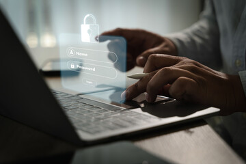 Cybersecurity Data privacy person using laptop with digital login interface overlay, showing fields for name and password, modern workspace