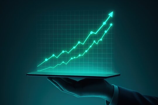 Futuristic Digital Graph on Tablet Display Illustrating Growing Trends in Business and Finance with Neon Effect and Dark Background