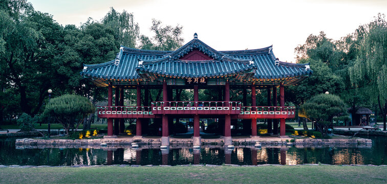 Gwanghallu Pavilion in Namwon, Korea.
Traditional Korean architecture with reflection pond and Hanok-style pavilion. A historic cultural site known as the &lsquo;Moon Palace'.