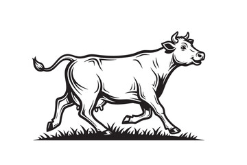 Fototapeta premium A strong cow running through grass in bold black and white vector illustration, full body side view, representing freedom and rural life.