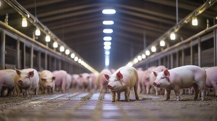 Pigs in a Modern Farm Facility Under Bright Lighting