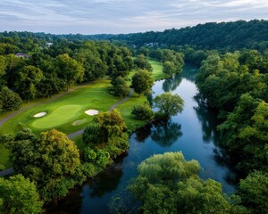 Golf course by river at dawn