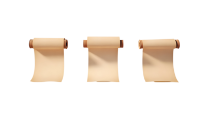 Three aged paper scrolls isolated on black background for historical documents