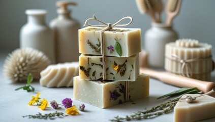 Handmade soaps with natural herbs and flowers for spa and aromatherapy concept