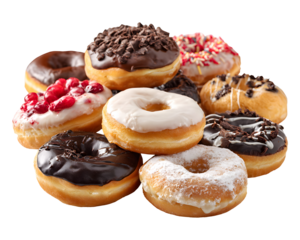 Assortment of colorful glazed donuts with various toppings stacked together isolated on transparent background