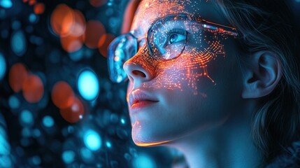 A cybernetic scientist projecting holographic thoughts into the air using an advanced mind interface 