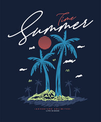Summer time island hand drawn illustration, ready for print on paper poster, t-shirt and other uses.