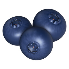 A vibrant 3D rendering showcases a cluster of three plump, dark blue blueberries, each distinguished by its characteristic crown.