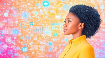Futuristic woman profile digital business analytics. Confident professional, innovative leader, empowerment in technology. Data, interface, afro, colorful background, modern concepts, STEM,
