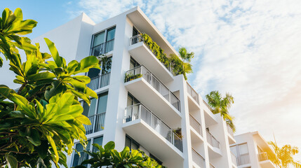 Modern apartment facade with clean lines, bathed in natural light, set in a minimalist urban environment. Simplicity and elegance in contemporary