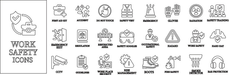 
Work safety line art icon set.Warning sign safety first clip art collection for under construction.Obstacle vector illustration.Icon vector for safety and health at work with safety first.
