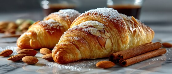 Freshly baked almond croissants with cinnamon