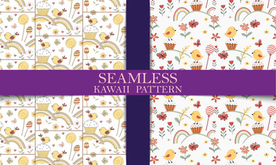 Adorable Kawaii Seamless Patterns Birds, Cupcakes, Rainbows, and Flowers