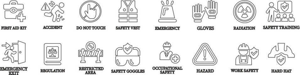 
Work safety line art icon set.Warning sign safety first clip art collection for under construction.Obstacle vector illustration.Icon vector for safety and health at work with safety first.
