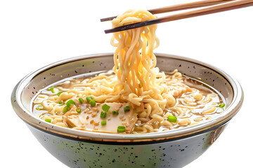 Delicious Ramen Noodles in Bowl with Chopsticks on Black Background close up