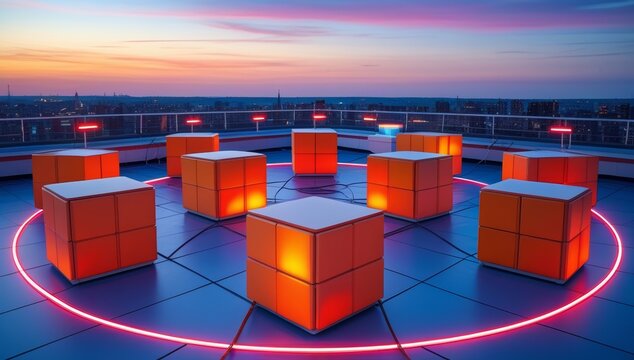 Futuristic rooftop lounge with illuminated cubes and neon circle at sunset skyline - Powered by Adobe