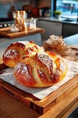 Freshly baked artisan loaves on a wooden board