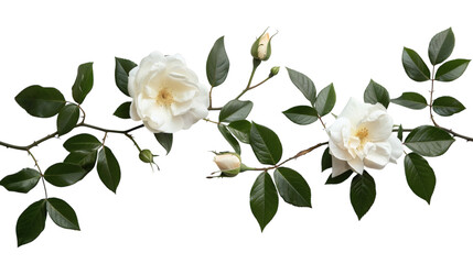 Obraz premium Two white rose stems with lush green leaves arranged elegantly on a white background
