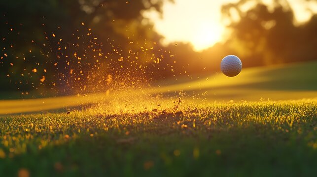 Golf Ball Impact Golden Hour Tee Shot on Green Fairway with Flying Turf