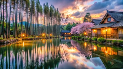 Fototapeta premium Serene Sunset over Japanese Garden Pond with Cherry Blossoms and Traditional Houses