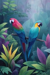 Tropical parrots in lush foliage
