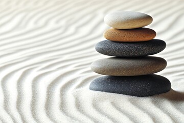 Stacked stones on white sand.